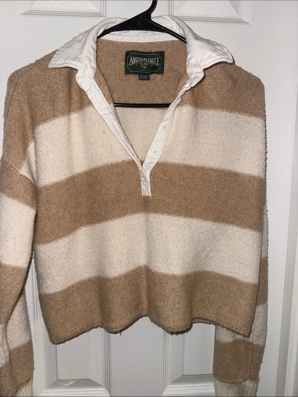 American Eagle Outfitters Cream and Tan Striped Polo Sweater